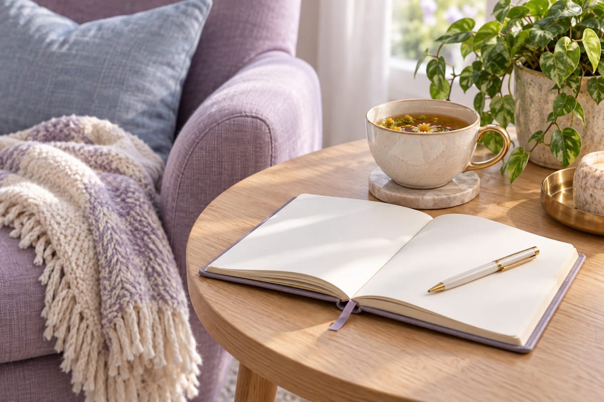 An armchair beside a table with a cup of tea and an open journal