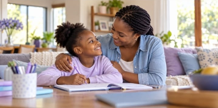A mother and daughter smiling together over a school book