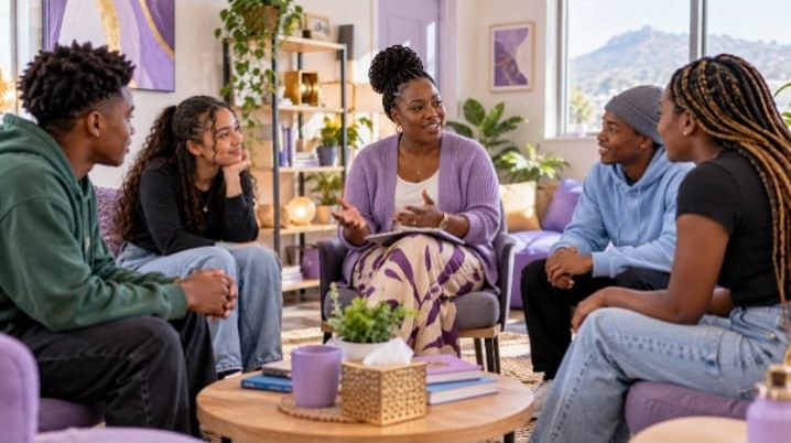 A woman talking with a group of young people in a lounge